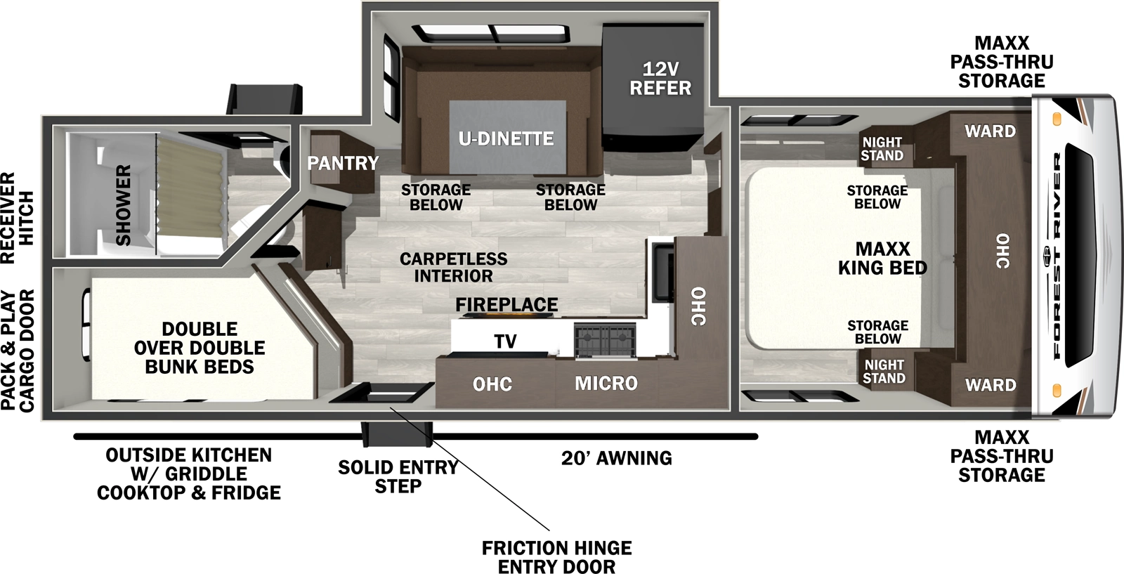 The Wildcat Travel Trailers 246DBX floorplan has one entry and one slide out. Exterior features include: fiberglass exterior, 20' awning and outside kitchen. Interiors features include: bunk beds, u-dinette and front bedroom.